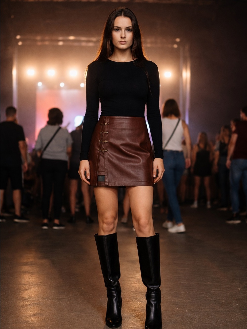 Commense Women’s Faux Leather Mini Skirt Dark Brown Gold Metal Detail Small